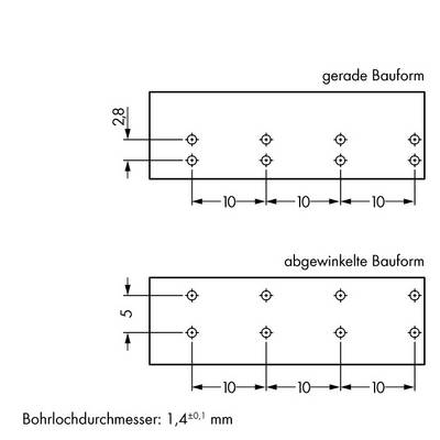 'Drawing of hole patterns in straight and angled design. Dimensional specifications: 10 mm spacing between holes, 1.4±0.1 mm hole diameter.'