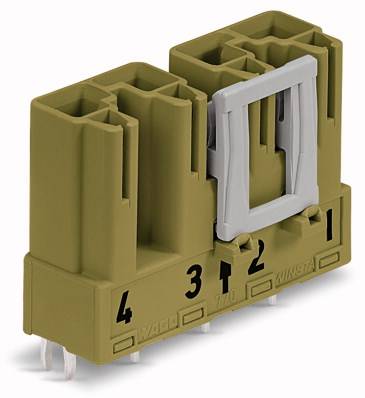 A green WAGO connector with a grey lever, displaying numbers from 1 to 4 and the word 'KINSTA'.