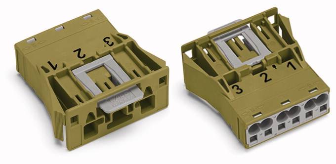 Two olive green plastic connectors with numbered terminals, shown from different angles.