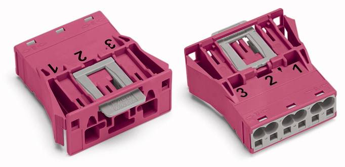 Two red electrical connectors, numbered from 1 to 3, show different views of an electrical plug system.