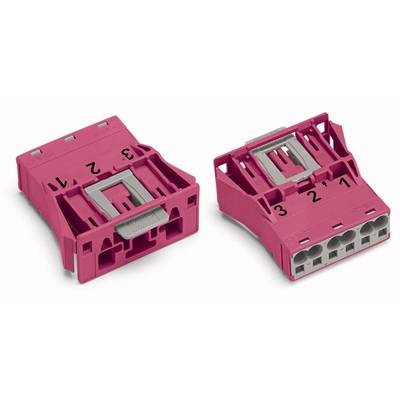 Two red electrical connectors, numbered from 1 to 3, show different views of an electrical plug system.