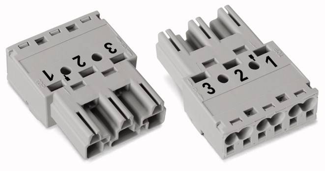 Two grey connectors with numbered connection slots from 1 to 3, showing the front and back views.