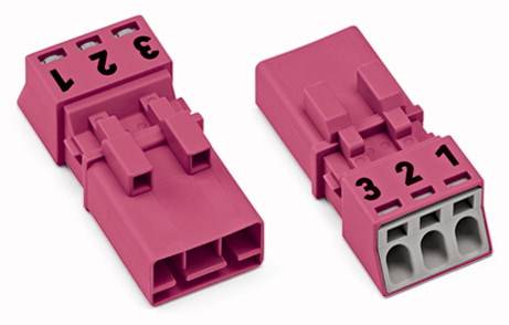 Two pink electrical connectors with numerical labelling '1', '2', '3'. One shows the front side, the other the back side.