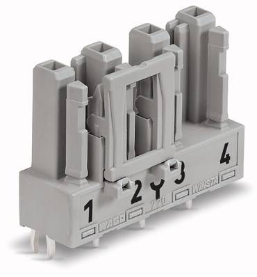 A grey electrical connector with four numbered inputs, marked with 'WAGO' and 'WINSTA', for mounting purposes.