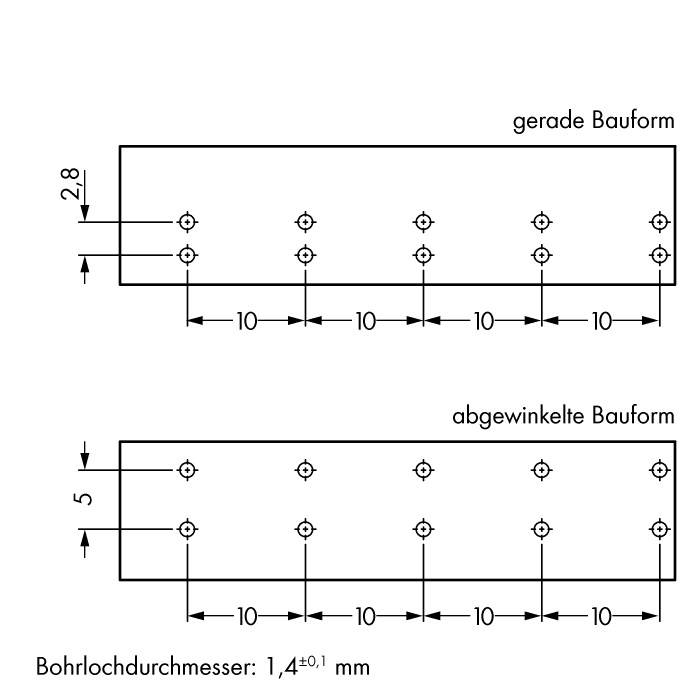 Two technical diagrams currently show straight and angled structural forms with dimensions. The hole diameter is 1.4 ±0.1 mm.