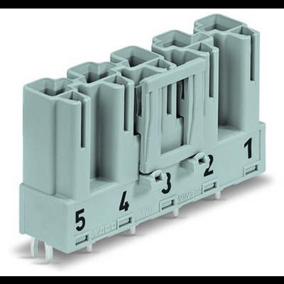 A grey electrical connector with numbered inputs 1 to 5, suitable for the secure connection of electrical cables.