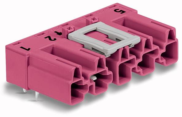 A pink, five-pin connector with number markings from 1 to 5 on the top side and a grey locking clip.