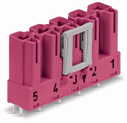 Red connector with five numbered terminals, suitable for electrical applications. Plastic housing with metallic contact pins.