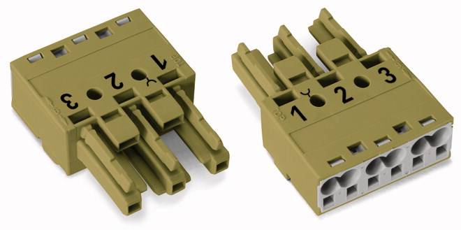 Two rectangular connectors in olive green, each with three numbered pins (1, 2, 3) and sockets, are placed side by side on a white background.