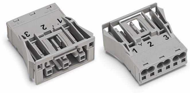Grey electrical connectors with numbered terminals '1', '2', '3' shown from above and from the side.