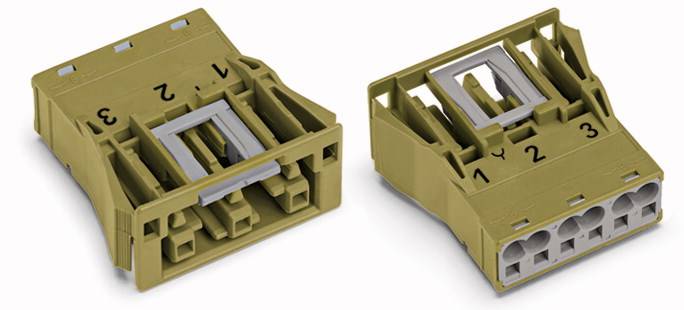 'Two plastic clips with numbering 1 to 3. The clips have multiple inlets for cable connection.'