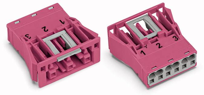 Two pink plastic connectors, one shown from the front, the other from the back. Both have numbered connections.