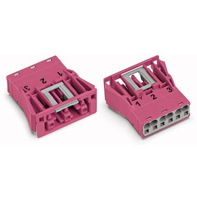 Two pink plastic connectors, one shown from the front, the other from the back. Both have numbered connections.