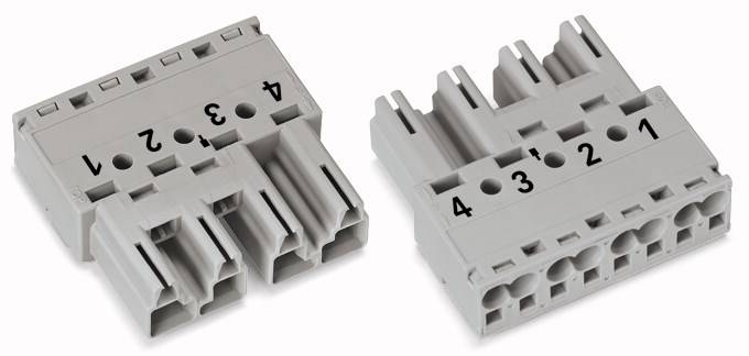 Two grey connectors with numbered ports from 1 to 4. They are positioned side by side, showing different configurations.