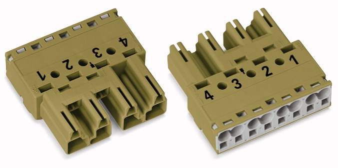Two brown plastic connectors side by side. Both are labelled with numbers 1 to 4 and have multiple connection sockets.