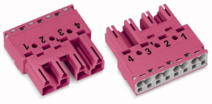 Two pink plug connectors with numbered terminals from 1 to 4. They are separate from each other and intended for electrical connections.