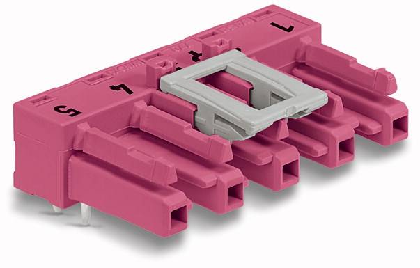 A pink plastic plug with five rectangular connections and a grey lock on top.