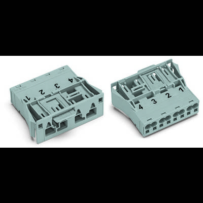 Two light blue electrical connectors, numbered 1 to 4. The front section is visible on the left, the rear section on the right.