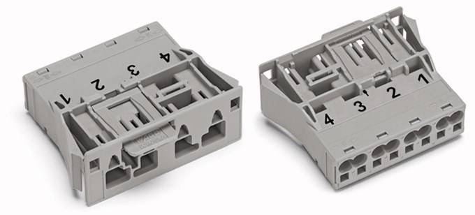 Two grey connectors with four numbered terminals, numbered from 1 to 4. Left-hand side with a lever, right-hand side with socket holes.