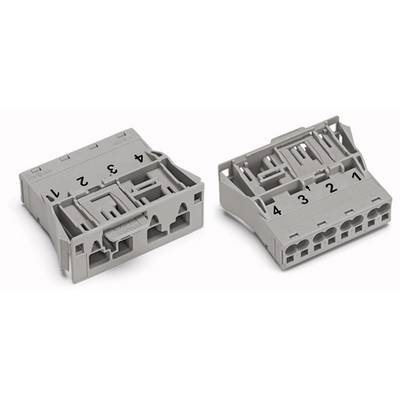 Two grey connectors with four numbered terminals, numbered from 1 to 4. Left-hand side with a lever, right-hand side with socket holes.