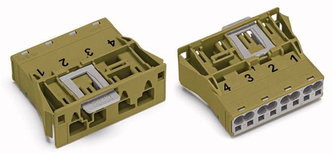 'Two brown connectors, numbered from 1 to 4, show their configuration from the front and top. Suitable for electronic connections.'
