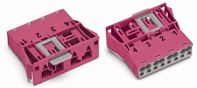 Two pink plastic connectors with grey inserts, numbered from 1 to 4. Both are differently oriented.