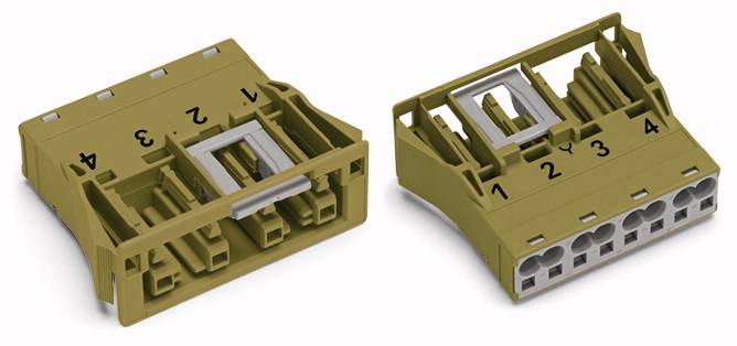 Brown plastic connector with four numbered terminals. Shows two views, one frontal with openings, one from the side.