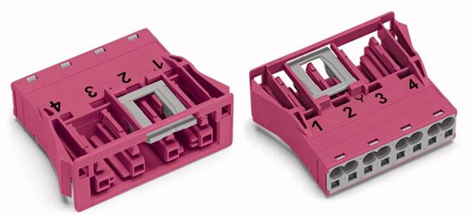 Two pink connector plugs, each with four numbered terminals and a grey locking clip in the centre.