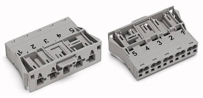 Two grey electrical connectors side by side, numbered from 1 to 6, each showing connection possibilities and structure.