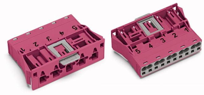 Two pink connectors, numbered from 1 to 6, with metal locking elements. On the left, six square sockets, on the right, six round sockets.