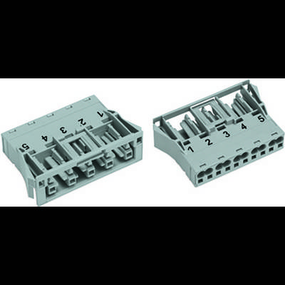 Two green connectors with numbered terminals from 1 to 5, shown from different perspectives.