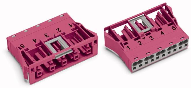 Pink connector in two views, numbered from 1 to 5. Showing the top and bottom sides with rectangular openings for cables.