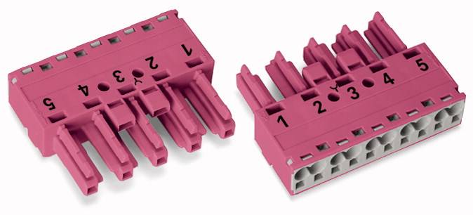 Two pink connector plugs with numbered terminals from 1 to 5, depicted side by side.