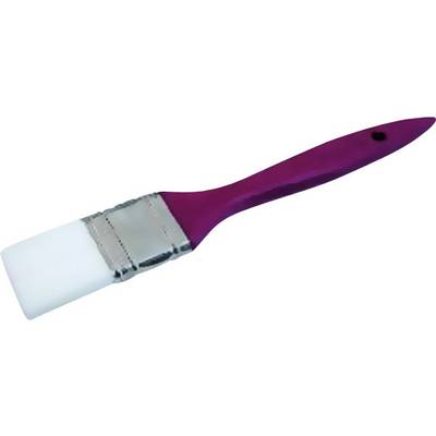 Red paint brush with white bristle head on a white background.