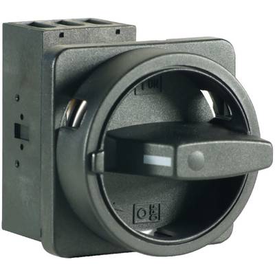 Black, round switch with a handle on a grey background. The switch has markings for 'I' (On) and 'O' (Off).