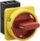 A yellow-red main switch for electrical devices. The switch has a rotary handle and is suitable for safely interrupting electrical current.