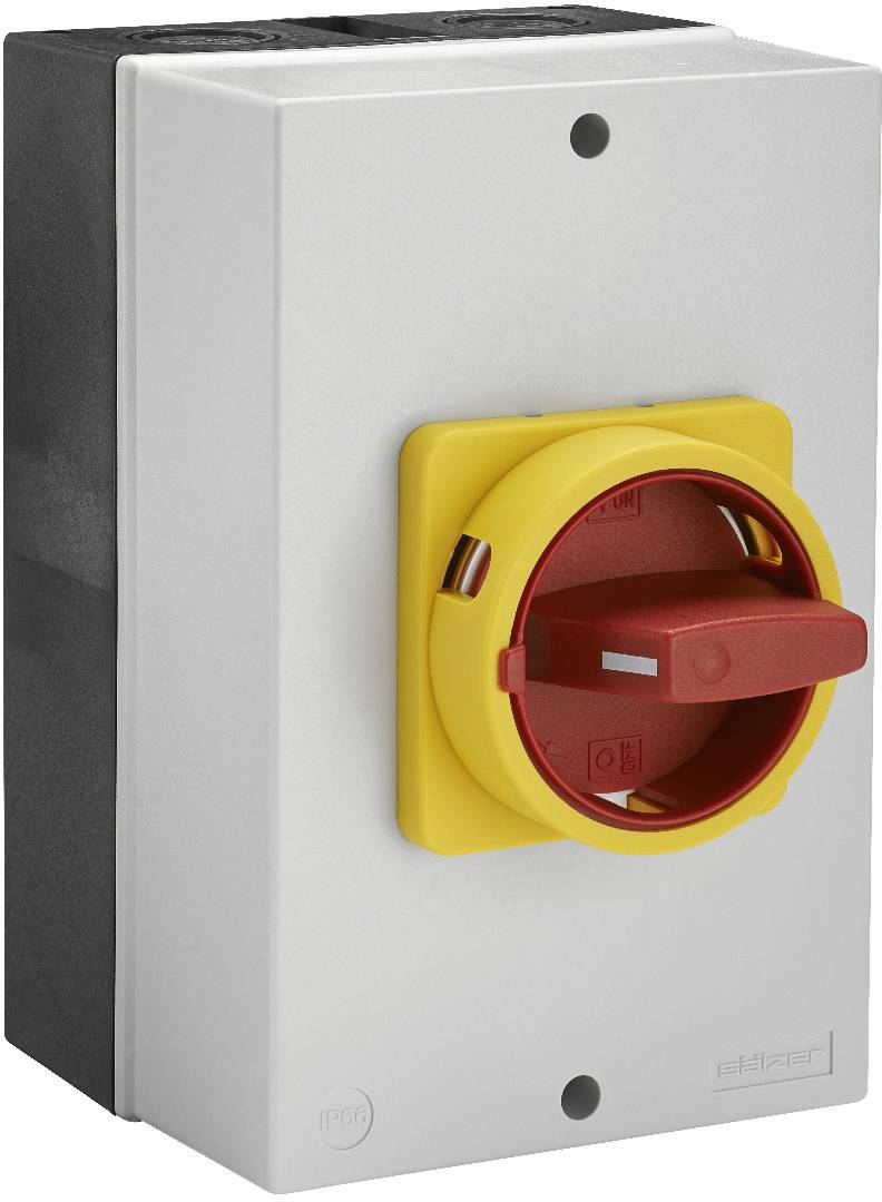 A red main switch on a grey plate with a yellow border, used for safely switching off electrical devices.