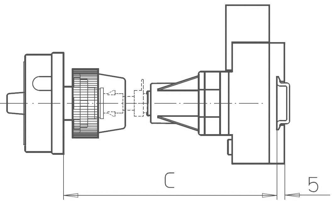 Assembly drawing of a mechanical component with various connecting components. Dimension 'C' and dimension marking '5' are highlighted.