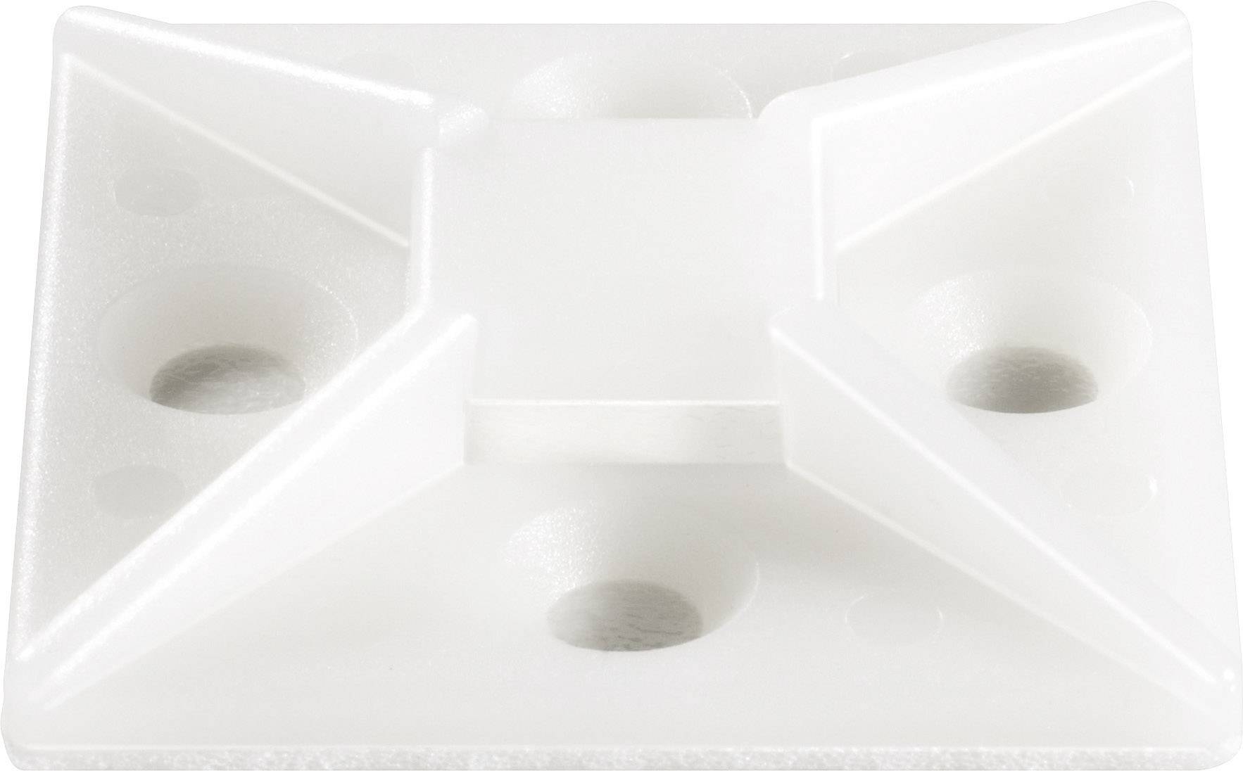 White, rectangular plastic mounting bracket with four protruding clips at the corners and four holes. Suitable for cable attachment.