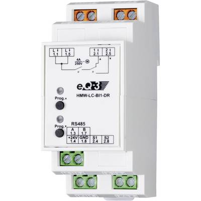A white electrical device named 'eQ3 HMW-LC-BI1-DR', with multiple connections and a circuit diagram on its surface.