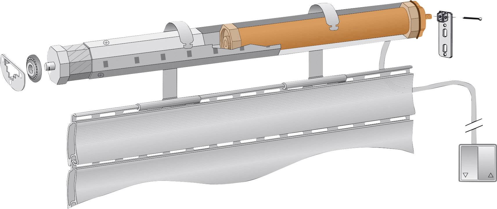 Diagram of a roller shutter motor: Exploded view shows motor, mounting brackets, control unit, and connection cables.