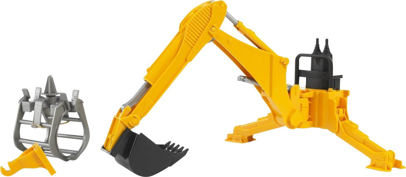 A yellow toy construction vehicle model with an excavator arm and a grab attachment.