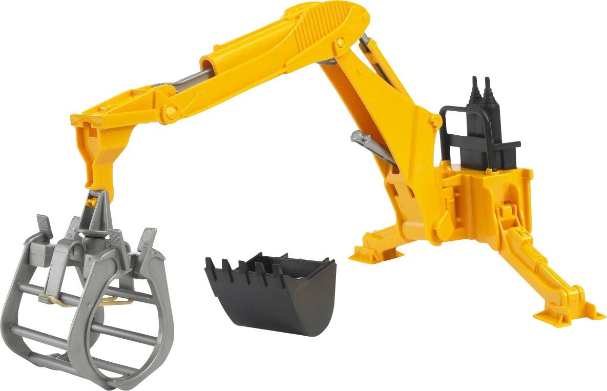 A yellow toy excavator arm with a grabber and bucket, positioned on a table.