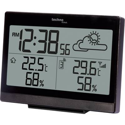 Digital weather station shows time as 12:38, indoor and outdoor temperature at 22.5°C and 29.6°C, with humidity at 68% and 58%.