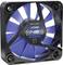 Cooling fan with a blue and white rotor, marked as "ultra quiet" and "Noiseblocker", for computer cases or electronic cooling.