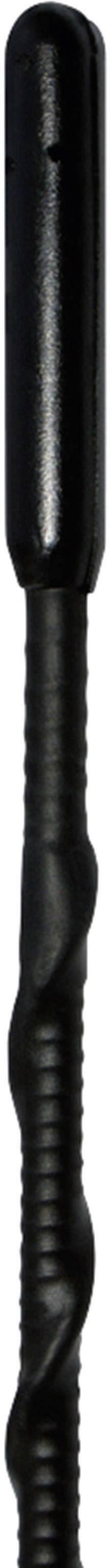 Black metal drill bit with a spiral structure for drilling into solid materials.