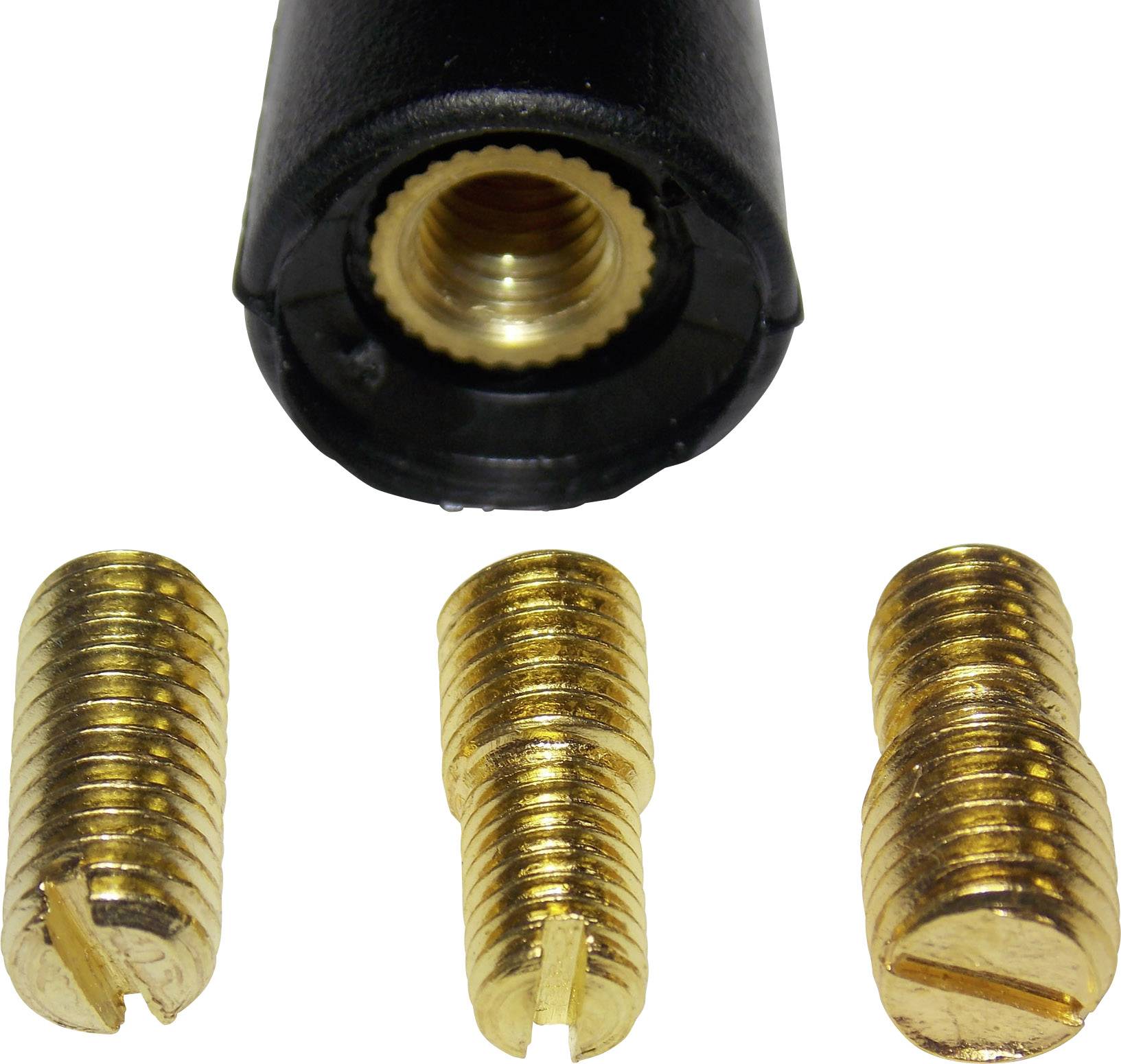 Three golden screw adapters in front of a black connector showing a round opening with internal threading.