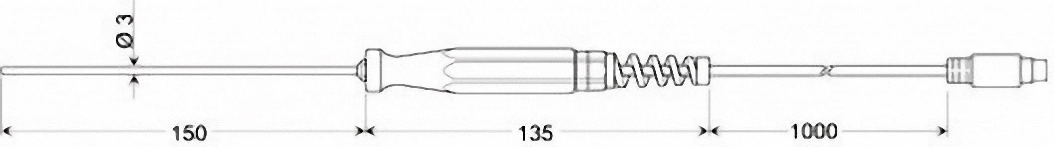 Technical drawing of a cylindrical object with a handle and helical spring, overall length 1285 mm, diameter 0.3 mm.