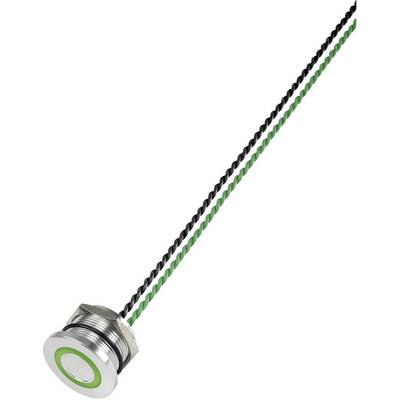 Silver press button with a luminous green border, connected to a twisted green and black cable.