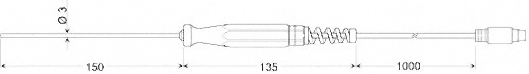 Technical drawing of a cable with dimensions: diameter 3 mm, length sections 150 mm, 135 mm and 1000 mm.